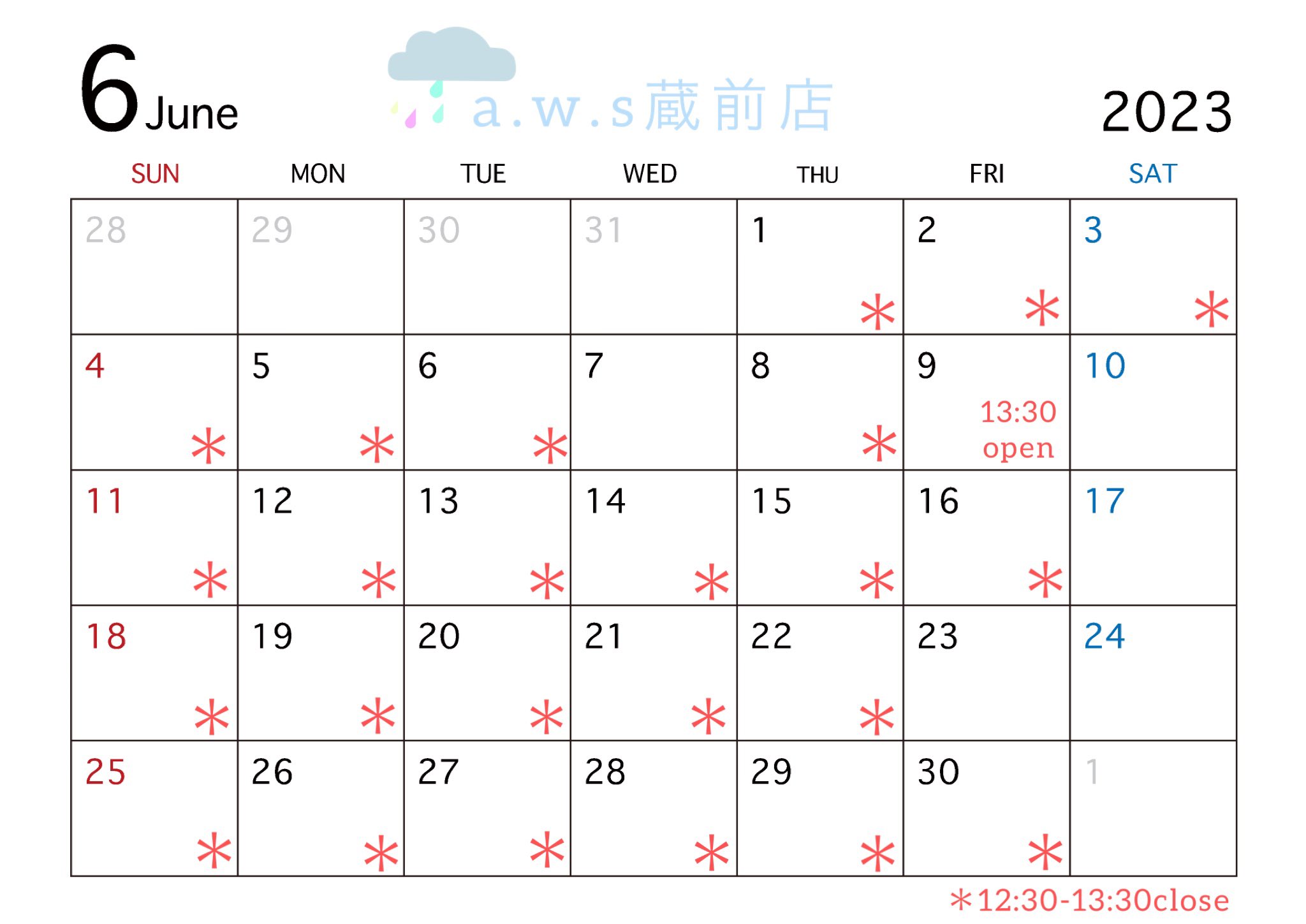 浅草近くの指輪工房6月カレンダー